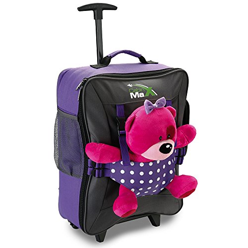 Cabin Max Handgepäck Kinder Fall Trolley mit Rucksack Riemen – nehmen Sie Ihre Lieblingsbär/Puppe/Action Figur auf Urlaub- Lila Fleckig