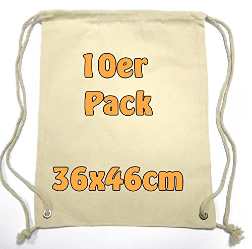 Cottonbagjoe Moderner Turnbeutel Baumwollrucksack Stoffbeutel mit Kordelzug Natur 36x46cm 10 Beutel