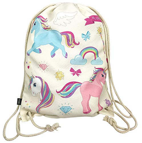 HECKBO® Einhorn Unicorn Turnbeutel (beige) – beidseitig mit bunten Einhörnern Bedruckt – 40x32cm – geeignet für Sport, Schule, Freizeit, Kindergarten, Krippe, Reise – für Kinder, Frauen, Mädchen