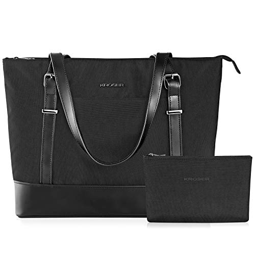 KROSER Laptop Damen Handtasche Schwarz Handtaschen Elegant Taschen Shopper Reissverschluss Frauen Handtaschen 15,6 Zoll Große Leichte Nylon Stilvolle Handtasche für Business/Schule/Reise-MEHRWEG