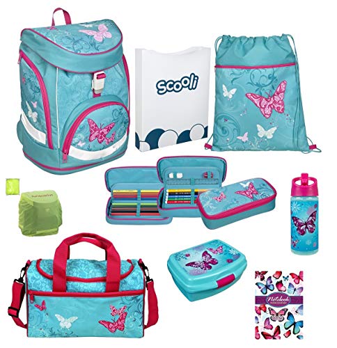 Familando Butterfly Mädchen Schulrucksack-Set 9 TLG. Twixter Up Sporttasche Dose Flasche Schulranzen Scooli türkis