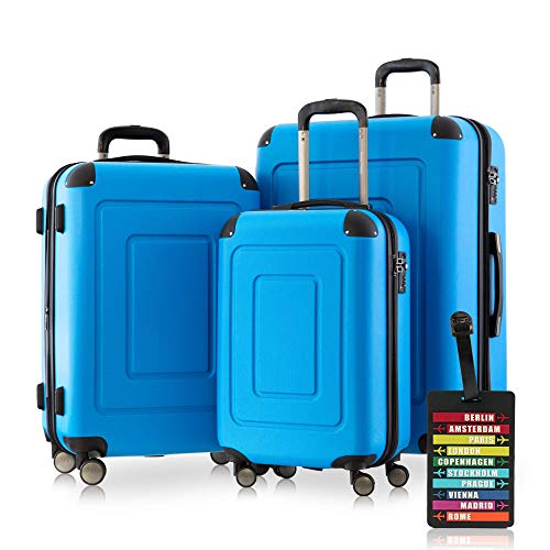 Happy Trolley – 3er Koffer-Set Trolley-Set Rollkoffer Hartschalen-Koffer Reisekoffer Lugano sehr leicht, TSA, (S, M & XL), Cyan Blau + Design Kofferanhänger